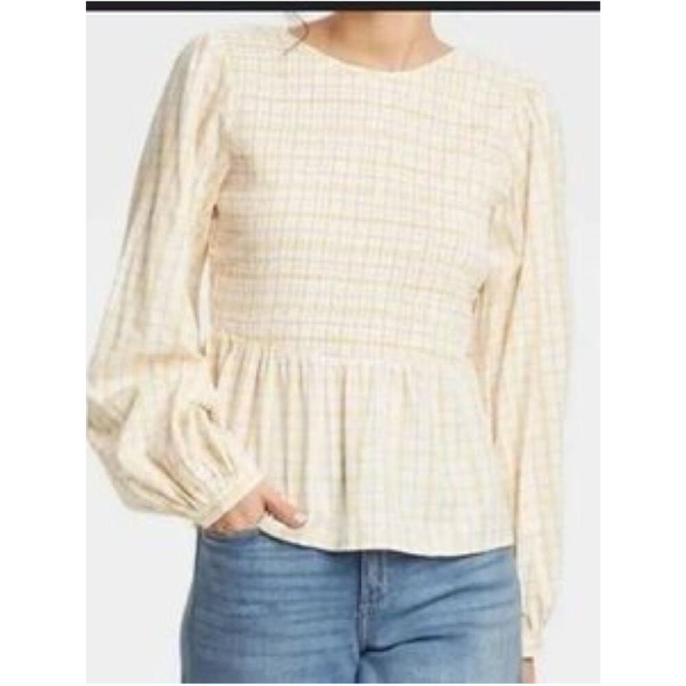 Universal Thread Cream Plaid Smocked Cotton Peplum Blouse Balloon Sleeves S